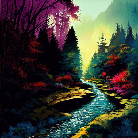 Beautiful Colorful Countryside and Cottage Illustrationの素材