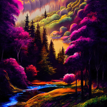 Beautiful Colorful Countryside and Cottage Illustrationの素材