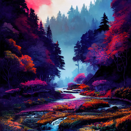 Beautiful Colorful Countryside and Cottage Illustrationの素材