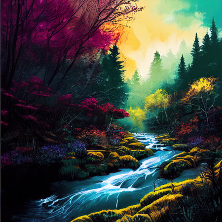 Beautiful Colorful Countryside and Cottage Illustrationの素材