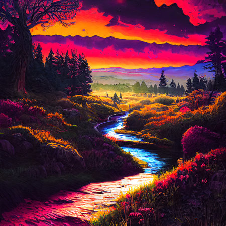 Beautiful Colorful Countryside and Cottage Illustrationの素材