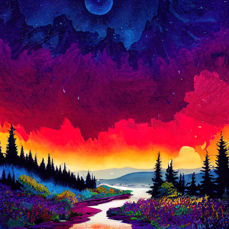 Beautiful Colorful Countryside and Cottage Illustrationの素材