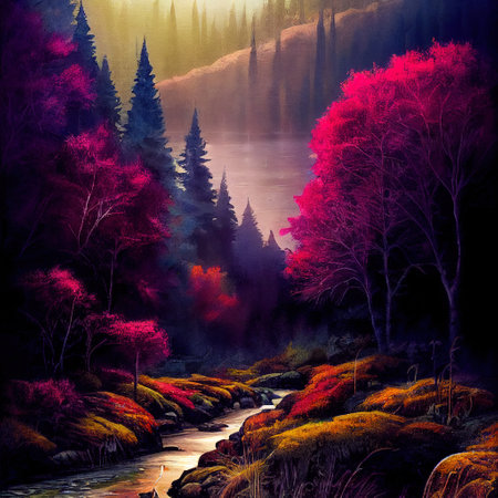Beautiful Colorful Countryside and Cottage Illustrationの素材