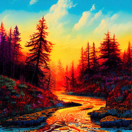 Beautiful Colorful Countryside and Cottage Illustrationの素材