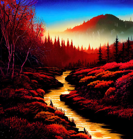 Beautiful Colorful Countryside and Cottage Illustrationの素材