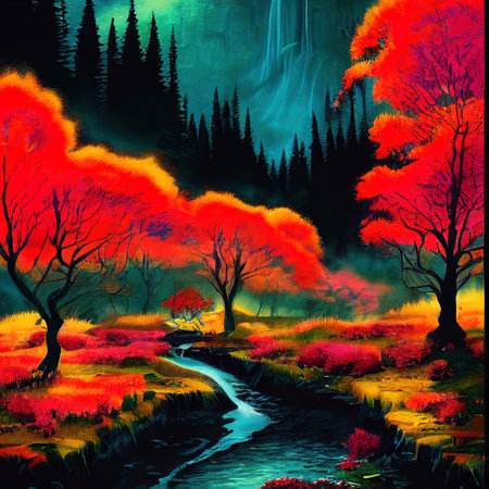 Beautiful Colorful Countryside and Cottage Illustrationの素材