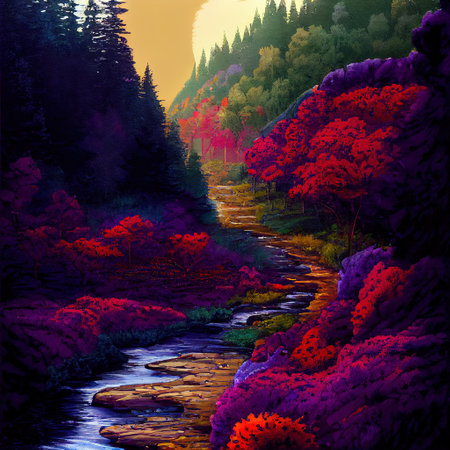 Beautiful Colorful Countryside and Cottage Illustrationの素材