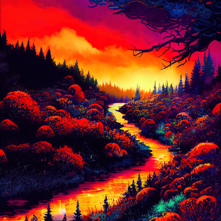 Beautiful Colorful Countryside and Cottage Illustrationの素材