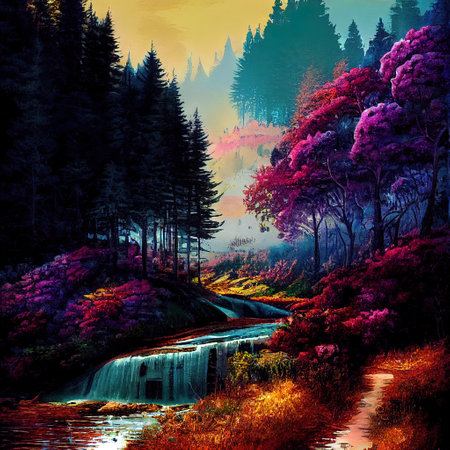 Beautiful Colorful Countryside and Cottage Illustrationの素材