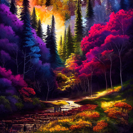 Beautiful Colorful Countryside and Cottage Illustrationの素材