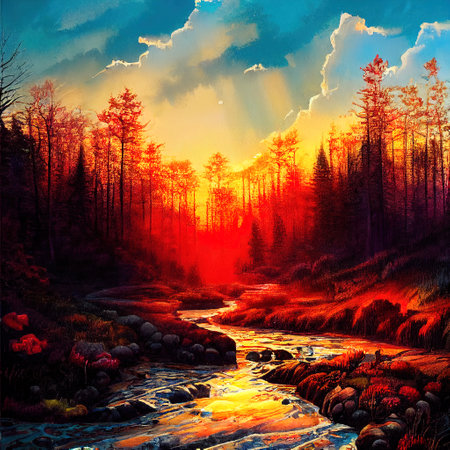 Beautiful Colorful Countryside and Cottage Illustrationの素材