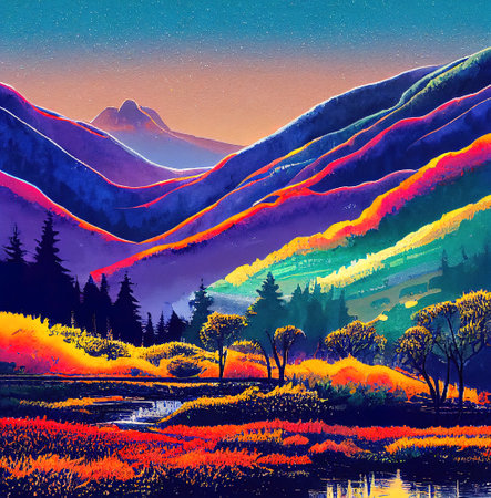 Beautiful Colorful Countryside and Cottage Illustrationの素材