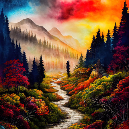 Beautiful Colorful Countryside and Cottage Illustrationの素材