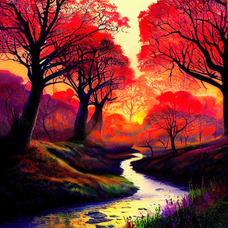 Beautiful Colorful Countryside and Cottage Illustrationの素材