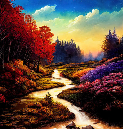 Beautiful Colorful Countryside and Cottage Illustrationの素材