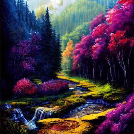 Beautiful Colorful Countryside and Cottage Illustrationの素材