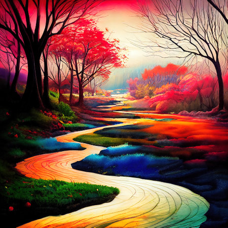 Beautiful Colorful Countryside and Cottage Illustrationの素材