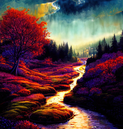 Beautiful Colorful Countryside and Cottage Illustrationの素材