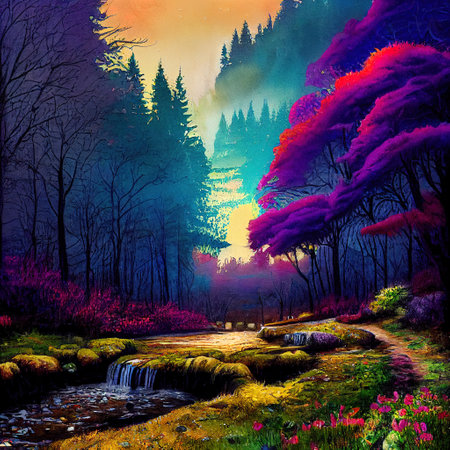 Beautiful Colorful Countryside and Cottage Illustrationの素材