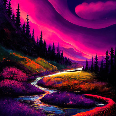 Beautiful Colorful Countryside and Cottage Illustrationの素材