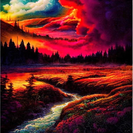 Beautiful Colorful Countryside and Cottage Illustrationの素材