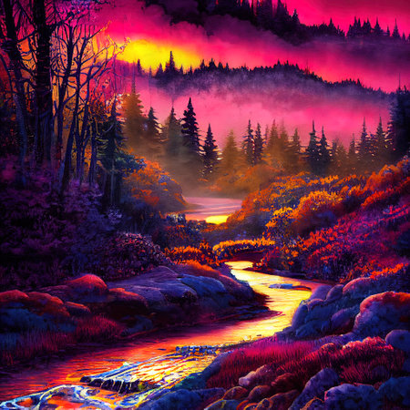 Beautiful Colorful Countryside and Cottage Illustrationの素材