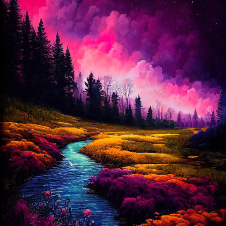 Beautiful Colorful Countryside and Cottage Illustrationの素材