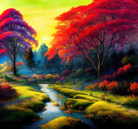 Beautiful Colorful Countryside and Cottage Illustrationの素材