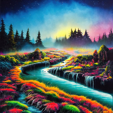 Beautiful Colorful Countryside and Cottage Illustrationの素材