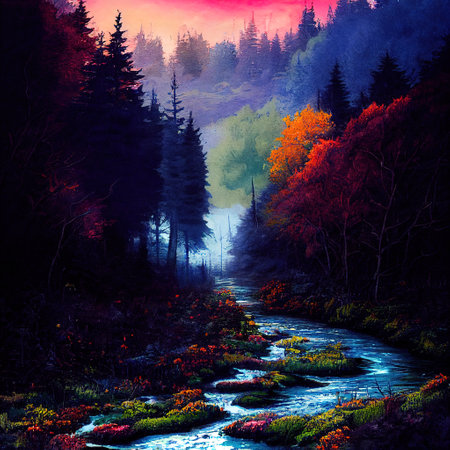 Beautiful Colorful Countryside and Cottage Illustrationの素材
