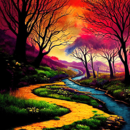 Beautiful Colorful Countryside and Cottage Illustrationの素材