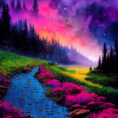 Beautiful Colorful Countryside and Cottage Illustrationの素材