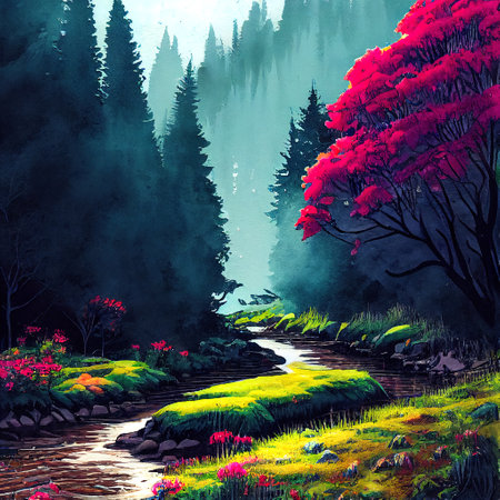 Beautiful Colorful Countryside and Cottage Illustrationの素材