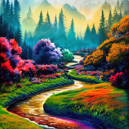 Beautiful Colorful Countryside and Cottage Illustrationの素材