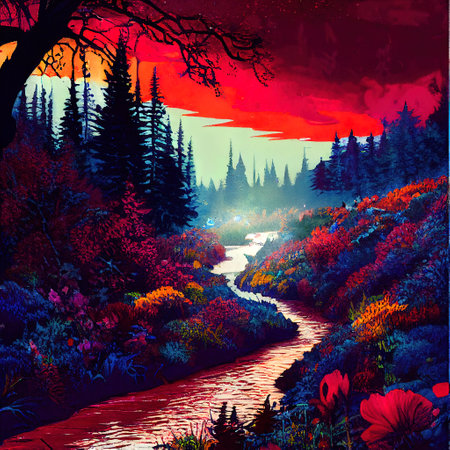 Beautiful Colorful Countryside and Cottage Illustrationの素材