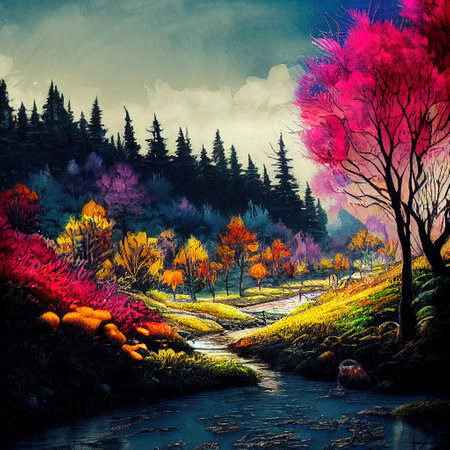 Beautiful Colorful Countryside and Cottage Illustrationの素材