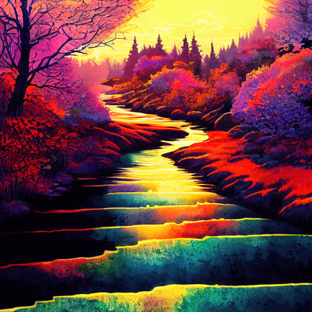 Beautiful Colorful Countryside and Cottage Illustrationの素材
