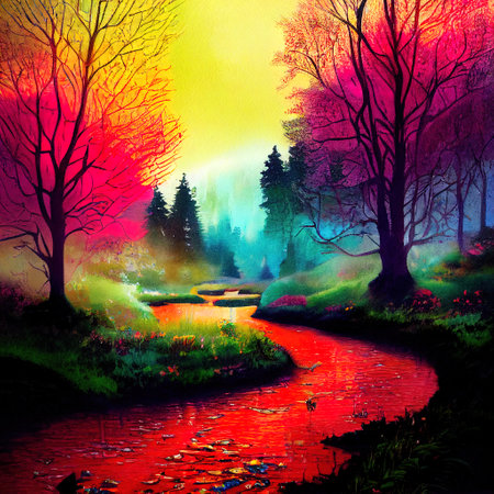 Beautiful Colorful Countryside and Cottage Illustrationの素材