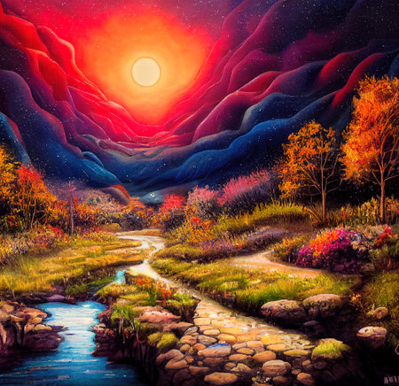 Beautiful Colorful Countryside and Cottage Illustrationの素材