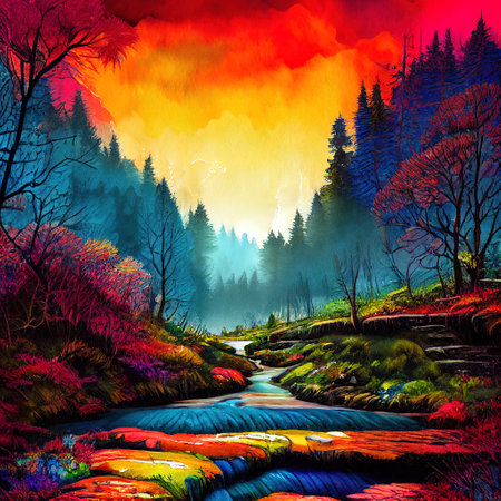 Beautiful Colorful Countryside and Cottage Illustrationの素材