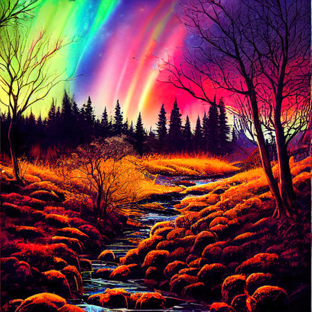 Beautiful Colorful Countryside and Cottage Illustrationの素材
