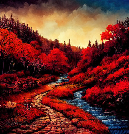 Beautiful Colorful Countryside and Cottage Illustrationの素材