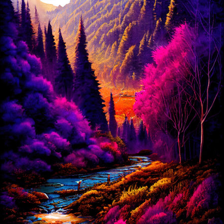 Beautiful Colorful Countryside and Cottage Illustrationの素材