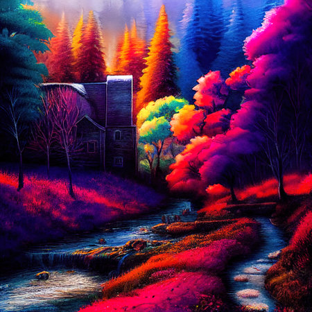 Beautiful Colorful Countryside and Cottage Illustrationの素材