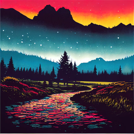 Beautiful Colorful Countryside and Cottage Illustrationの素材