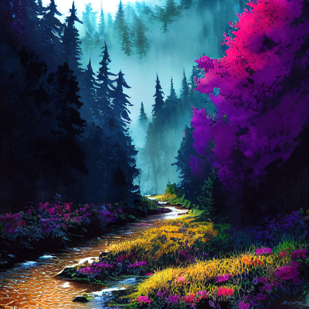 Beautiful Colorful Countryside and Cottage Illustrationの素材
