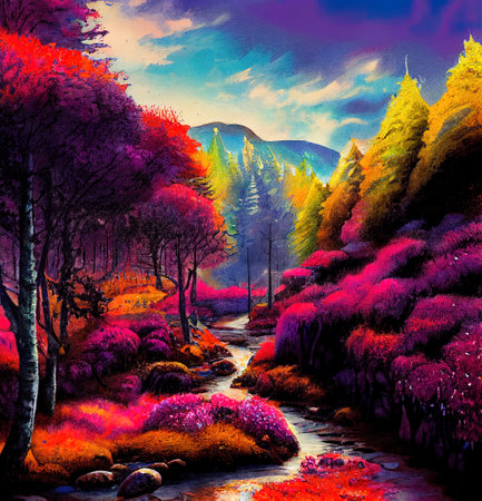 Beautiful Colorful Countryside and Cottage Illustrationの素材