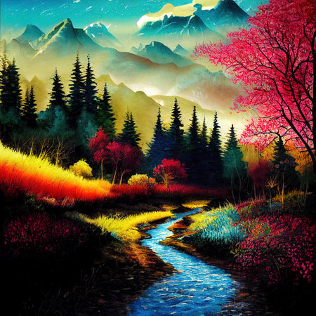 Beautiful Colorful Countryside and Cottage Illustrationの素材