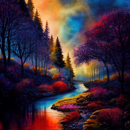 Beautiful Colorful Countryside and Cottage Illustrationの素材