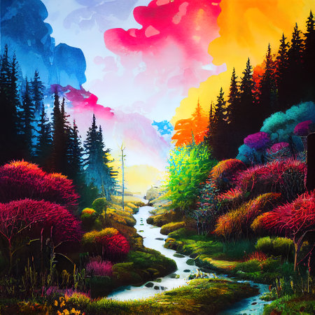 Beautiful Colorful Countryside and Cottage Illustrationの素材
